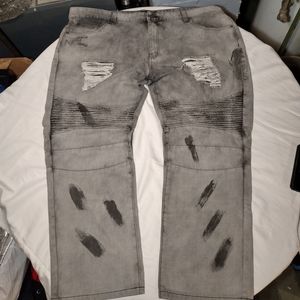 Premium Label Gray Pain Splash Distressed Torn Moto Jeans